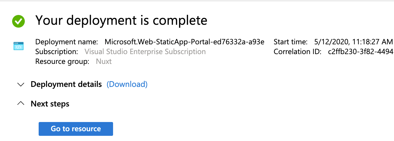 azure portal deployment complete message